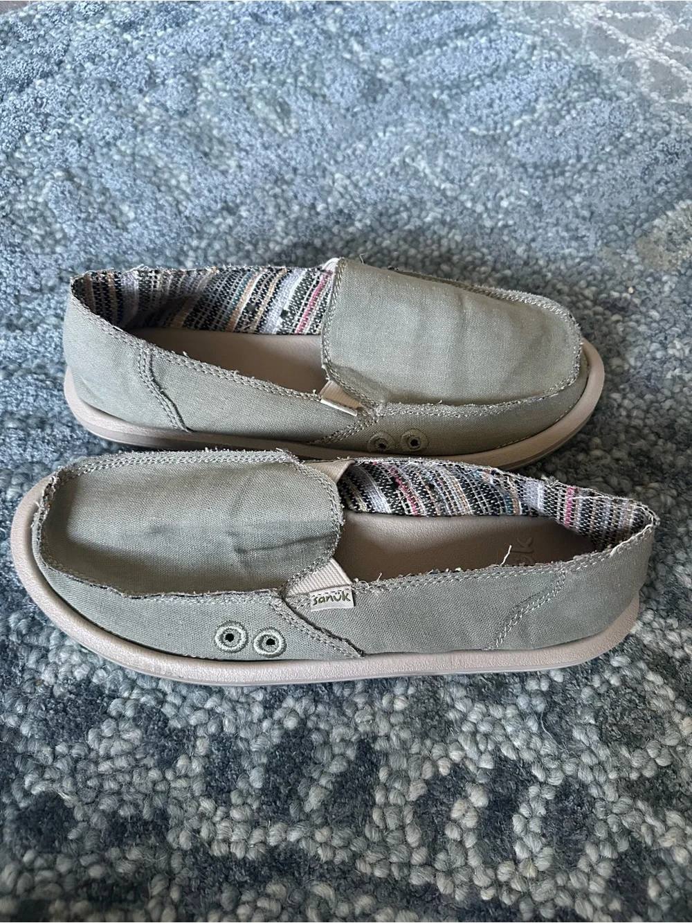 Sanuk Donna Hemp Women's Slip-On Loafers Olive Grey Sidewalk Surfers Size 7